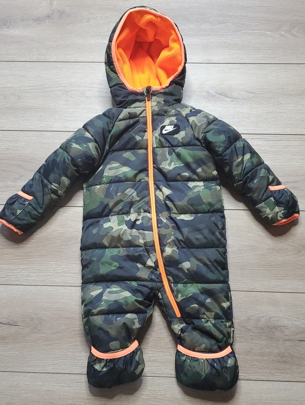 Nike Baby Boy Camo & Safety Orange Fleece Lined Puffer Snowsuit | Size 18 months